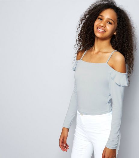 Teens Pale Blue Frill Trim Cold Shoulder Long Sleeve Top | New Look
