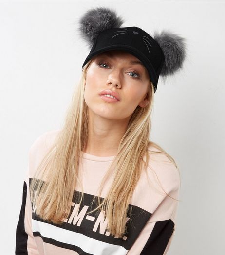 Black Double Pom Pom Cat Cap | New Look