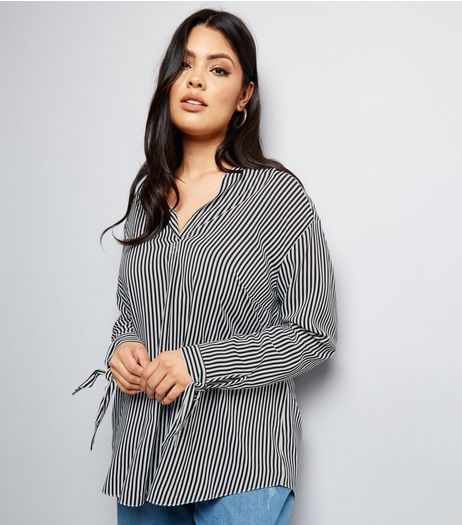 Curves Black Stripe Pullover Tie Sleeve Shirt | New Look