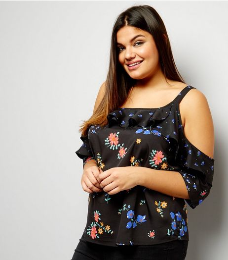 Curves Black Double Floral Frill Trim Cold Shoulder Top | New Look
