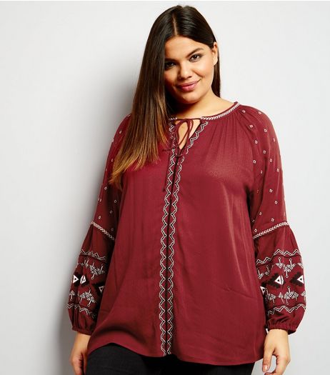 Curves Dark Red Embroidered Balloon Sleeve Top | New Look