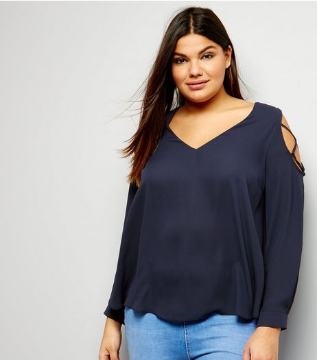 Curves Navy Lattice Cold Shoulder Top | New Look