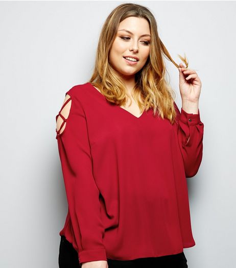 Curves Burgundy Lattice Cold Shoulder Top | New Look