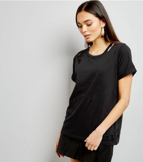 Black Cut Out Ripped Neck T-Shirt | New Look