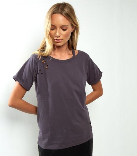 Dark Grey Cut Out Ripped T-Shirt | New Look