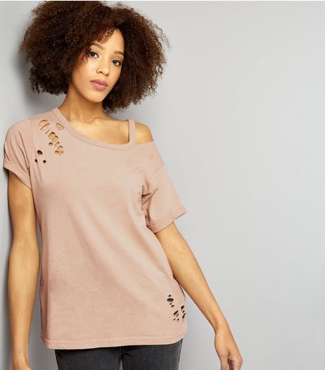 Light Brown Cut Out Ripped Neck T-Shirt | New Look