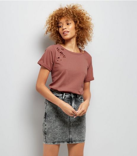 Brown Cut Out Ripped Neck T-Shirt | New Look