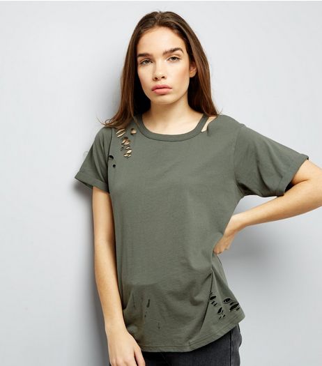 Olive Green Cut Out Ripped Neck T-Shirt | New Look