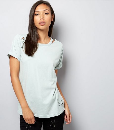 Mint Green Cut Out Ripped T-Shirt | New Look