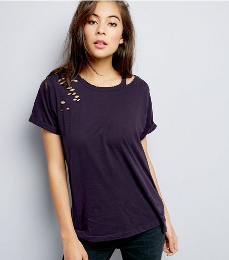 Navy Cut Out Ripped T-Shirt | New Look