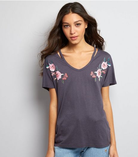 Dark Grey Floral Embroidered Style Cut Out T-Shirt | New Look