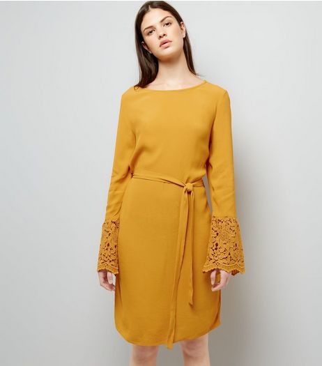 Yellow Lace Bell Sleeve Tunic Dress | New Look
