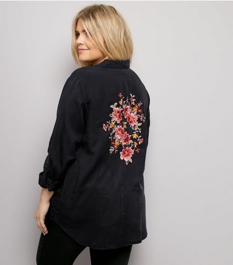 Curves Black Floral Embroidered Back Shirt | New Look