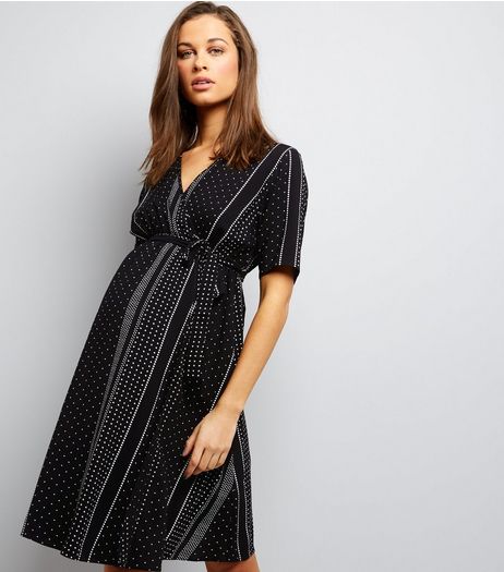 Maternity Black Spot Stripe Wrap Front Dress | New Look