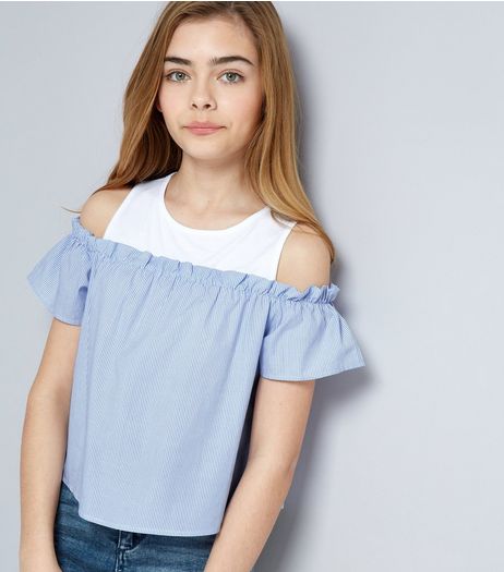Teens Blue Stripe Frill Trim Cold Shoulder Top | New Look