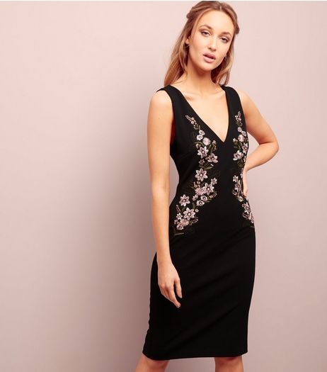 Black Floral Embroidered V Neck Bodycon Dress | New Look