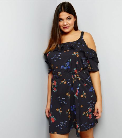 Curves Black Double Floral Frill Trim Cold Shoulder Dress | New Look