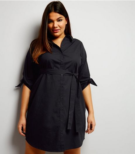 Curves Black Tie Sleeve Shirt Dress | New Look