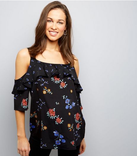Maternity Black Floral Frill Trim Cold Shoulder Top | New Look