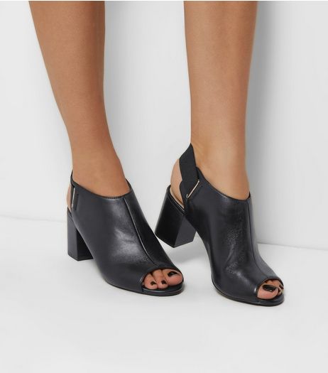 Black Comfort Leather Peep Toe Sling Back Heels | New Look