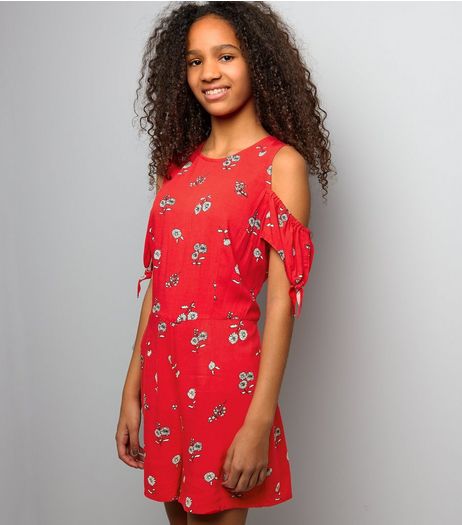 Teens Red Daisy Print Tie Sleeve Cold Shoulder Playsuit | New Look