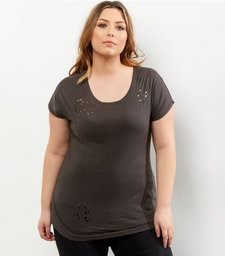 Curves Grey Ripped T-shirt | New Look