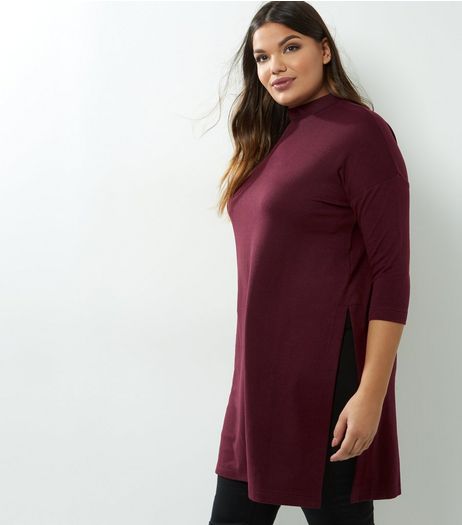 Curves Burgundy Brushed Fine Knit Funnel Neck Tunic | New Look