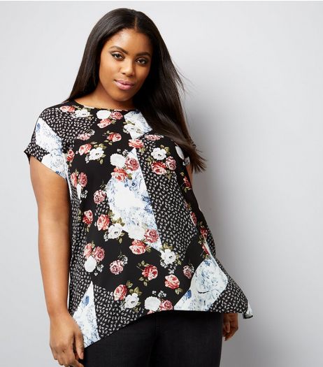 Curves Black Spliced Floral Print Jersey Back T-Shirt | New Look