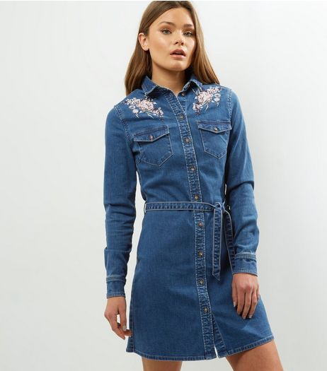 Blue Floral Embroidered Long Sleeve Shirt Dress | New Look