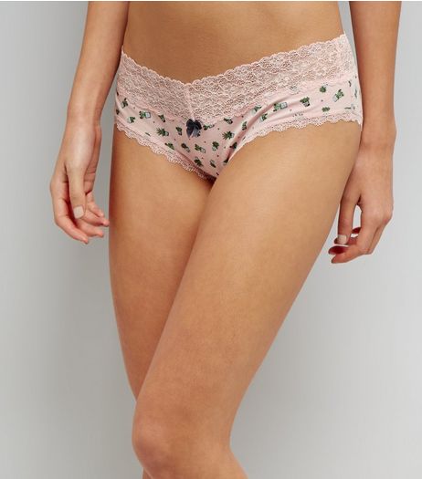 Pink Cactus Print Lace Trim Dip Waist Brazilian Briefs | New Look
