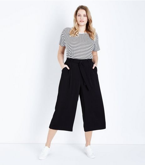 Curves Black Tie Waist Wide Leg Cropped Trousers | New Look