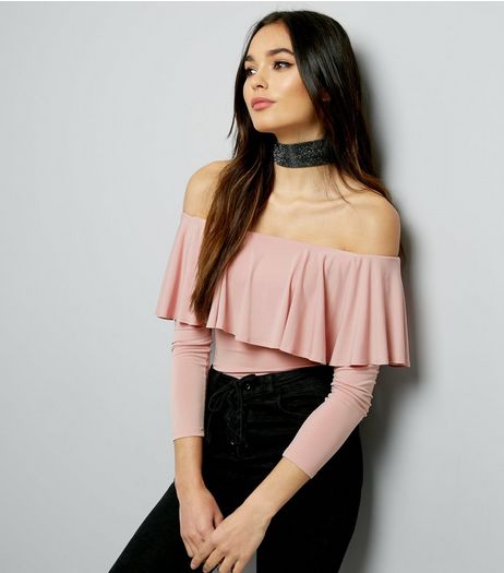 Mid Pink Frill Trim Long Sleeve Bardot Neck Bodysuit | New Look