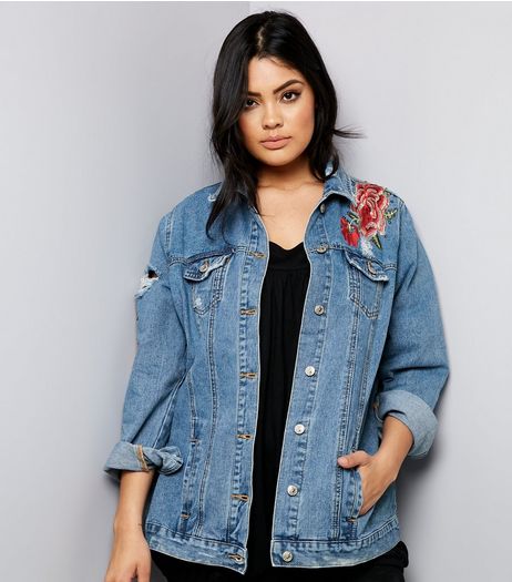 Curves Blue Studded Floral Embroidered Denim Jacket | New Look