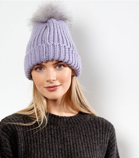 Lilac Faux Fur Pom Pom Bobble Hat | New Look