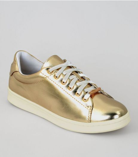 Gold Metallic Lace Up Trainers | New Look