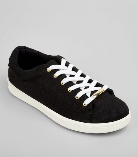 Black Canvas Metal Lace Trim Trainers | New Look