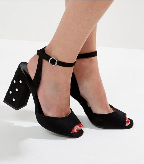 Wide Fit Black Pearl Stud Heeled Sandals | New Look