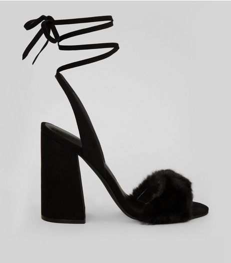 Black Suedette Faux Fur Front Tie Up Heels | New Look