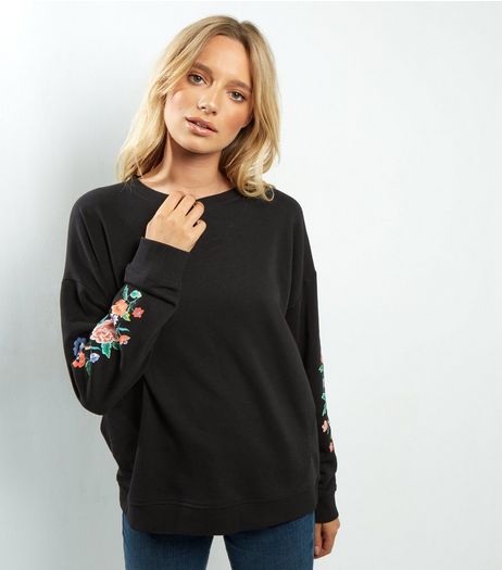 Black Floral Embroidered Sleeve Jumper | New Look