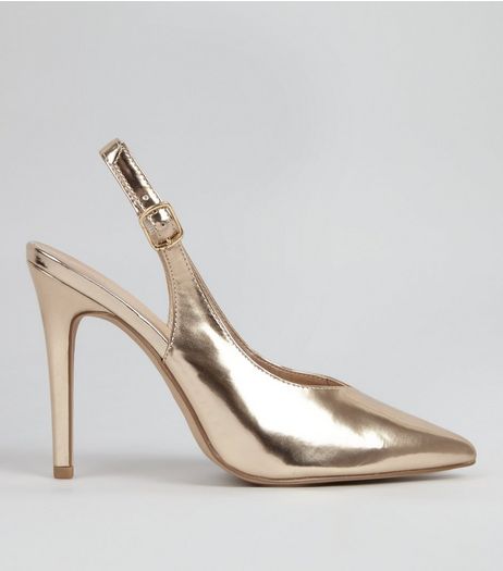 Gold Metallic Pointed Sling Back Heels | New Look
