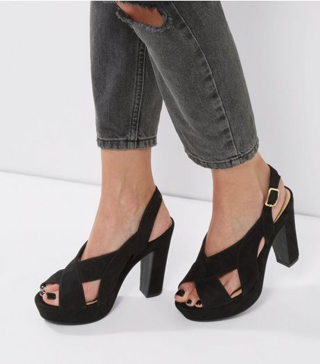 Black Suedette Cross Front Platform Sandals | New Look