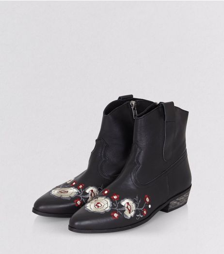 Black Leather Floral Embroidered Western Boots | New Look