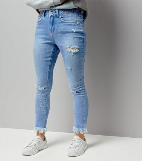 Teens Blue Ripped Extreme Frayed Hem Skinny Jeans | New Look