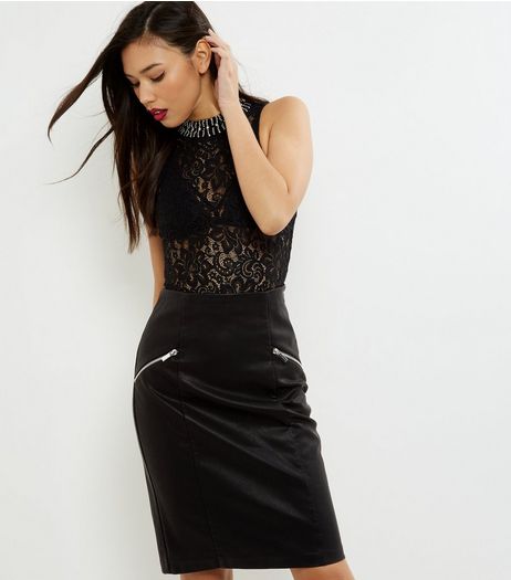 Black Zip Trim Leather-Look Pencil Skirt | New Look