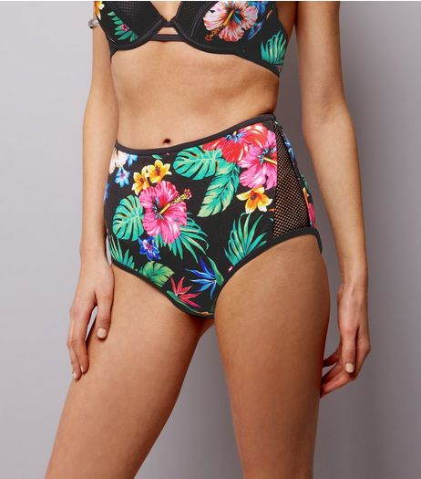 Black Tropical Print High Waisted Bikini Bottoms | New Look