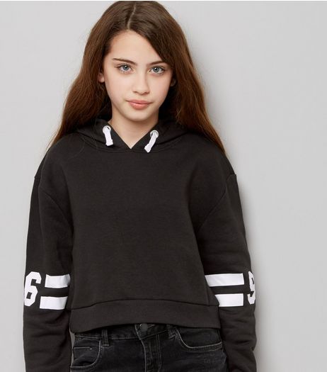 Teens Black Stripe 96 Print Sleeve Hoodie | New Look