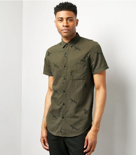 Khaki Bird Print Short Sleeve Shirt | New Look