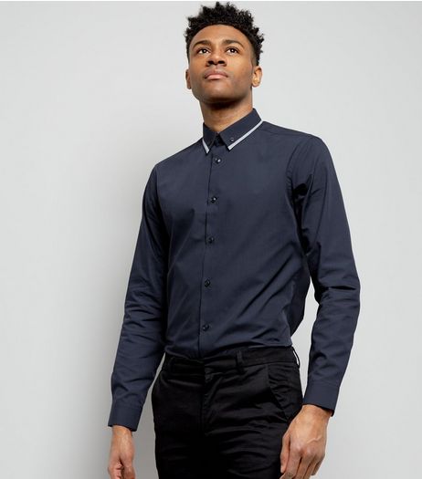 Navy Stripe Collar Long Sleeve Shirt | New Look