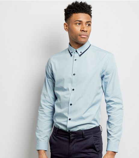 Pale Blue Stripe Collar Long Sleeve Shirt | New Look
