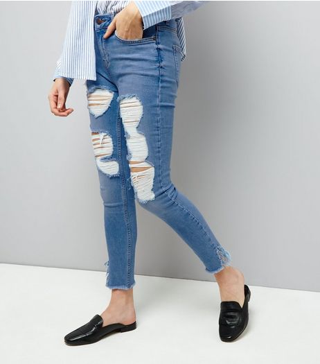 Pale Blue Ripped Fray Hem Skinny Jenna Jeans | New Look